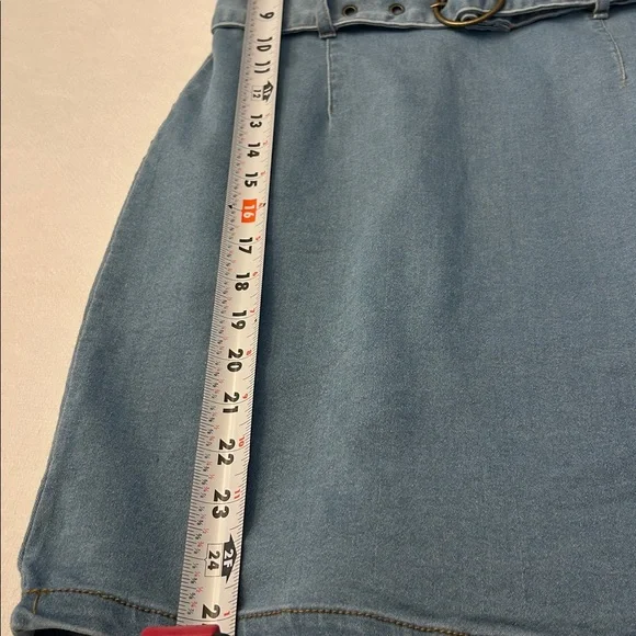 Light Blue Denim Mini Dress With Adjustable Straps and a Belted Waist Size S - Picture 8 of 14